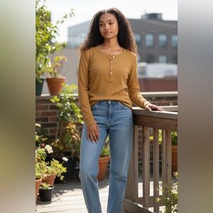 Rag & Bone Mustard Henley Top XS Long Sleeve Knit Gold Tan Casual Basic